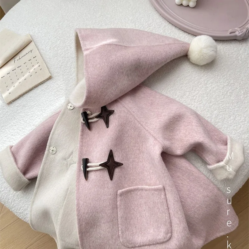 Korean version 3-16Y  girl's new pink star horn button woolen coat for baby girls sweet hooded coat tide 90-140cm