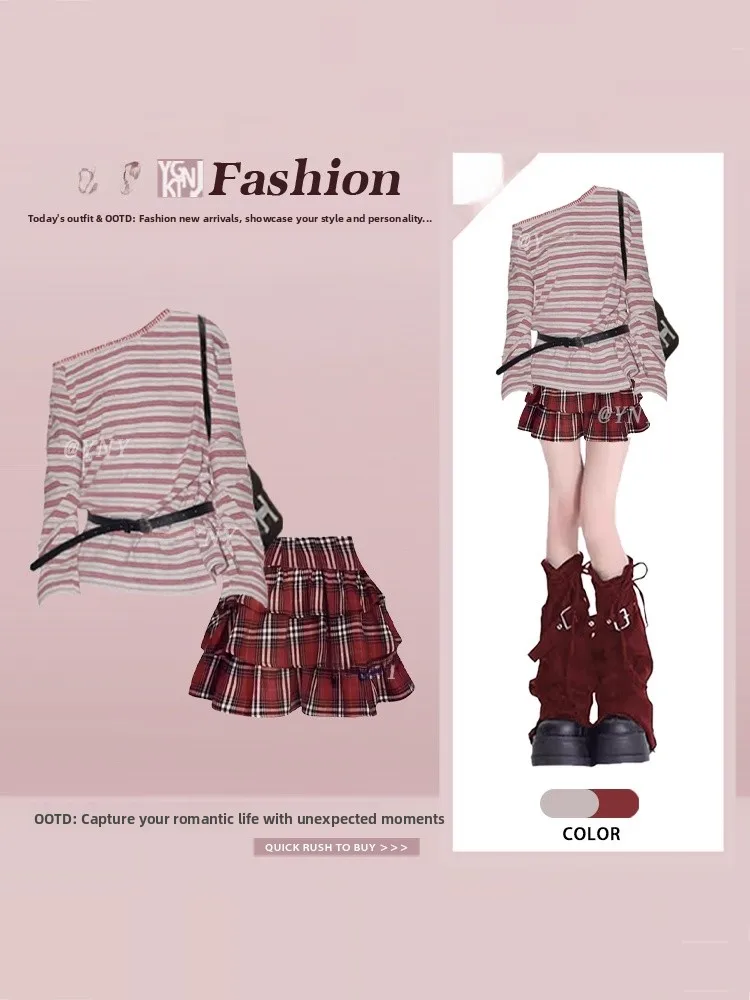 

Striped Asymmetrical Shoulder Long Sleeve Women's T-shirt Spring Loose Style Two-Piece Set with Plaid Skirt Sweet And Spicy Girl