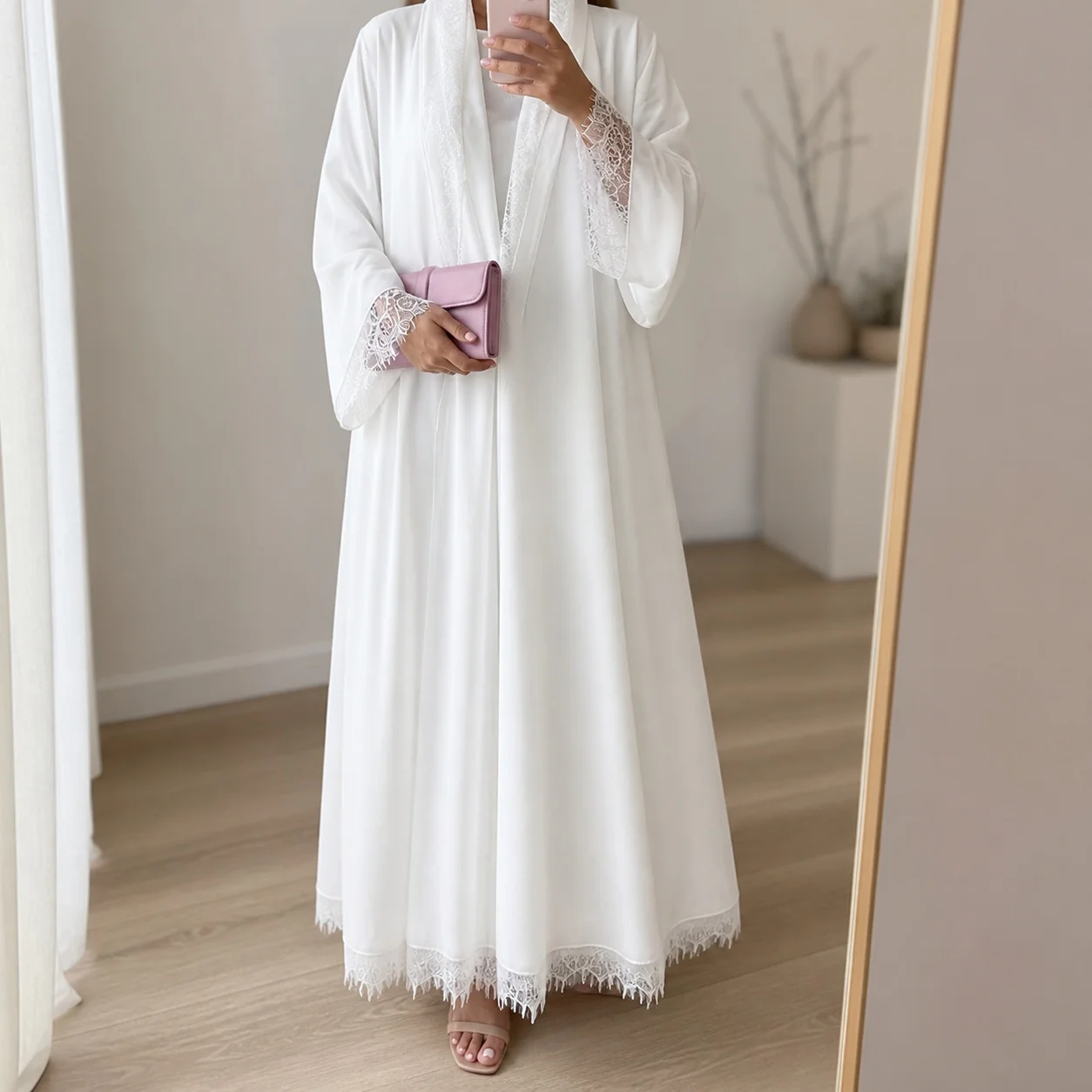 Women's Modest Chiffon Lace Sleeve Dress – Muslim Woman Set Hijabis Outfit Eid Prayer Attire Ethnic Muslim Women Clothing