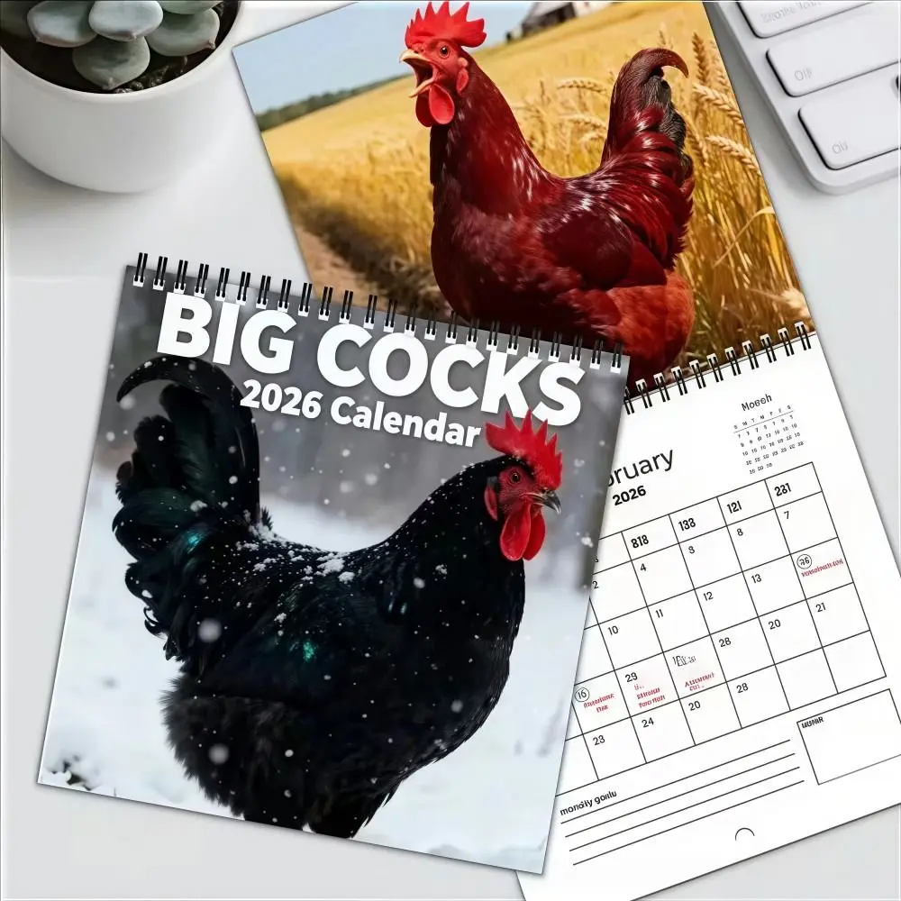 Thickened 2026 Rooster Calendar Double-Sided Pages Spiral Binding Big Roosters Wall Calendar Cartoon Creative Patterns