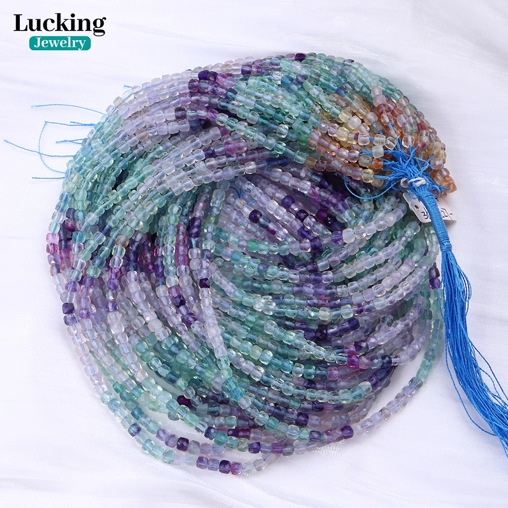 

New Natural Fluorite Cube Beads 3-4mm Gradient Color Strand Beads for Jewelry Making Chakra Bracelet Perfect Gift