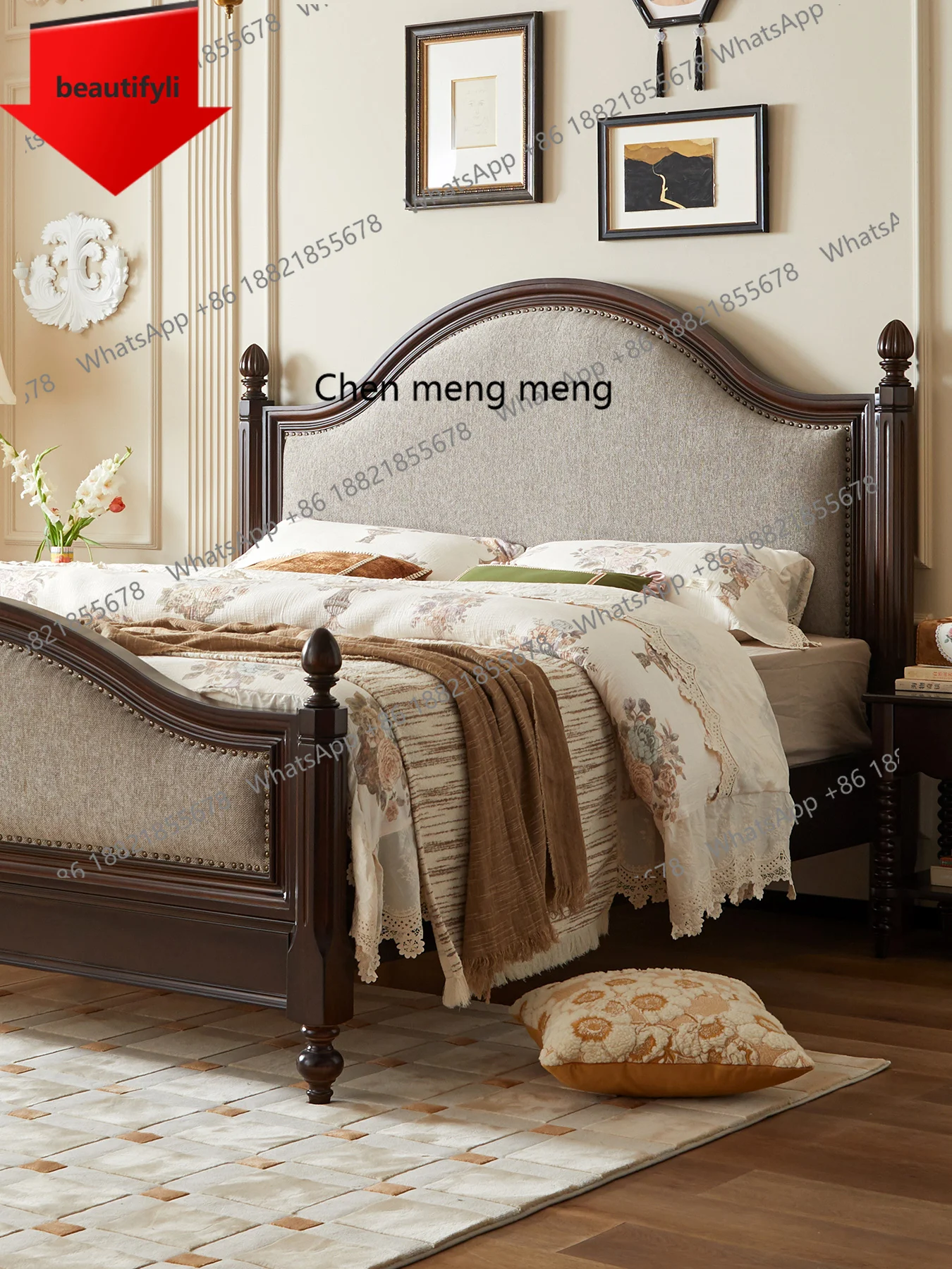 

A57 American retro solid wood bed 1.8 meters fabric soft bed small apartment bedroom double wedding bed