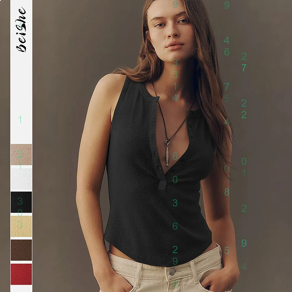 Women Ribbed Button Front Sleeveless Slim Fit Tank Top Spring Summer Tank Tops