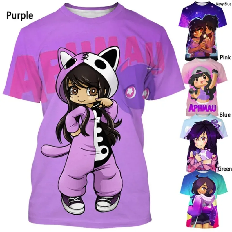 New Fashion Kawaii Aphmau 3D Printed Children\'s Adult T-shirt for Girls and Boys, Summer Casual Short Sleeved Anime Cartoon Top