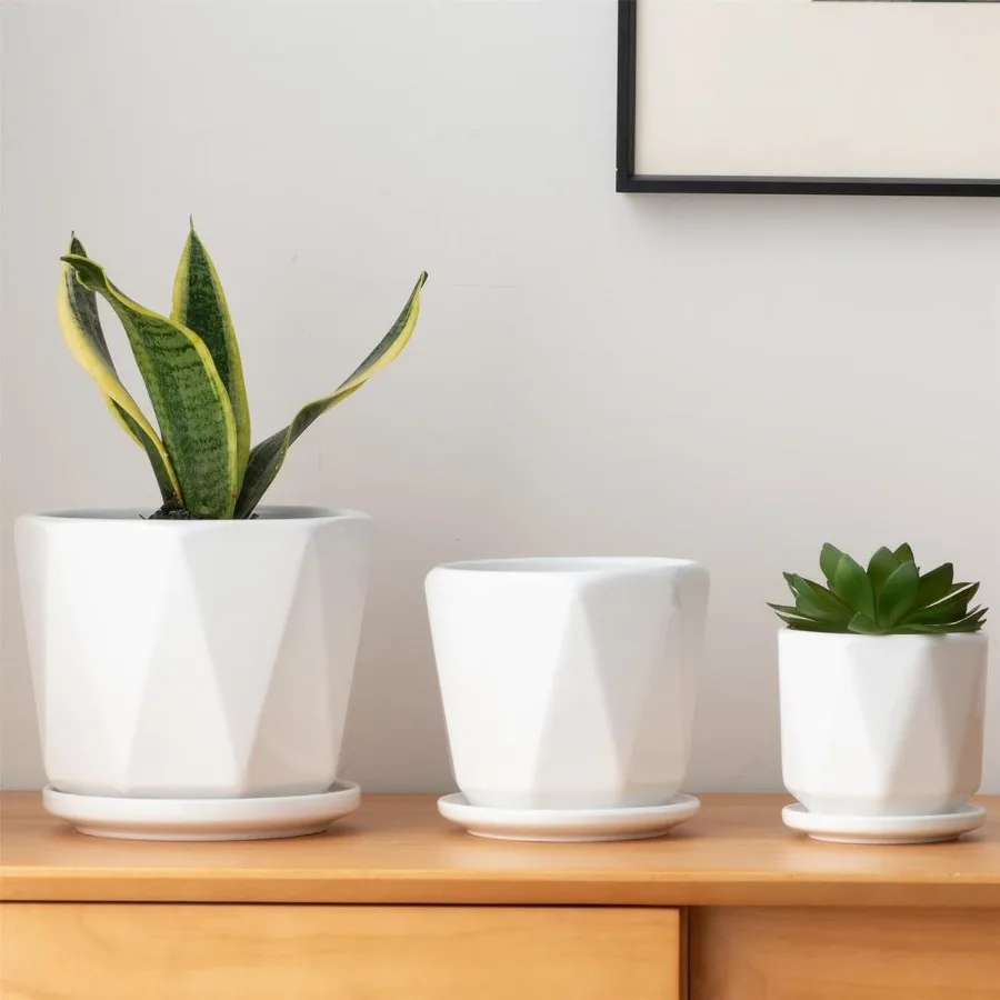 

Octagon Ceramic Plant Pots Indoor White Flower Planter Set with Drainage Holes 6.7 5.5 4.7 Inch Modern Drative Planter Outdoor