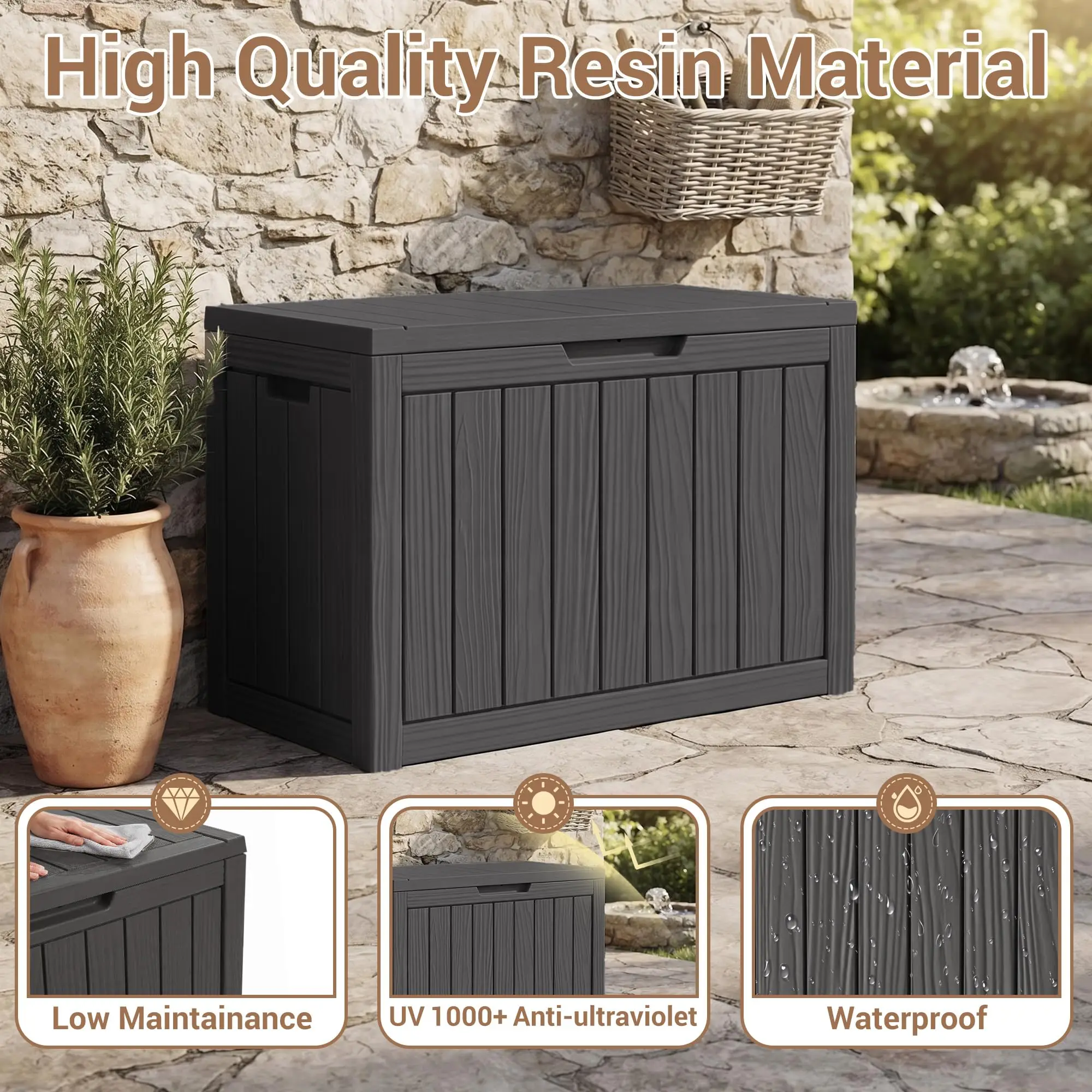 60 Gallon Outdoor Storage Box Waterproof, Lockable Deck Box, Black