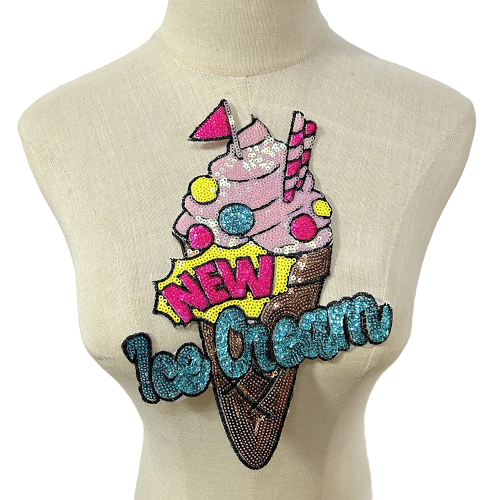 Einteiliger Eiscreme-Pailletten-Stickerei-Patch, niedliches Aufbügeln für Kleidung, Taschen, DIY-Bekleidungszubehör