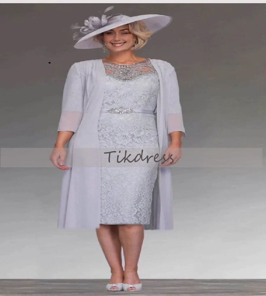 

Modest Silver Two Piece Mother Of The Bride Dress With Coat Elegant Knee Length Groom Mom Evening Dress 2025 FormalCustomize