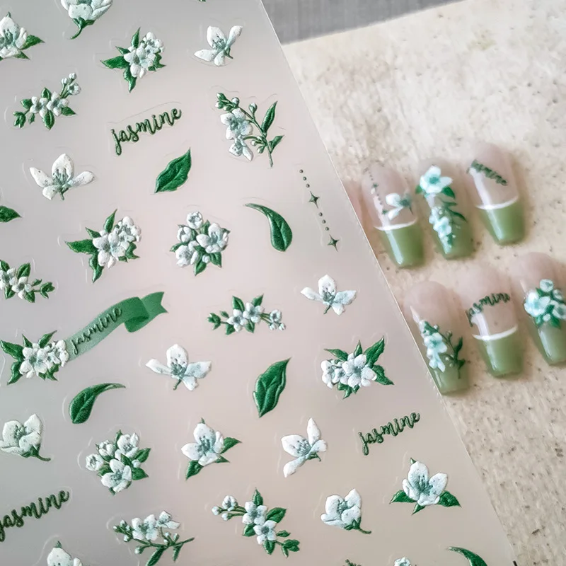 5D Realistic Relief Beauty Green White Fragrant Jasmine Flowers Adhesive Nail Art Stickers Decals Manicure Ornaments Accessories