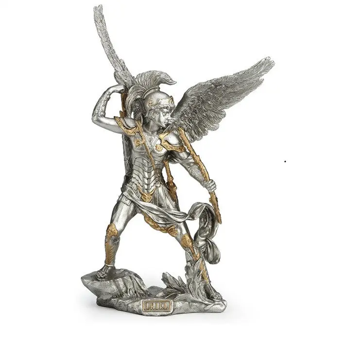 Silver Winged Angel Warrior Statue with Gold Accents Fantasy Battle Angel Figurine Resin Craft Home Tabletop Decorative Oranment