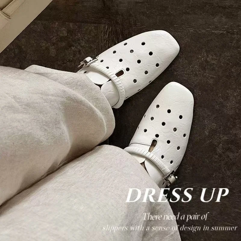 2026 new spring autumn women mules natural leather 22-24.5cm cowhide+sheepskin+pigskin buckle hollow women sandals women shoes