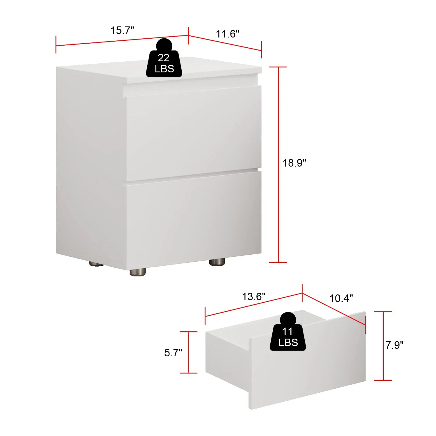 2-Drawer Nightstand White Bedroom End Table Handle-Free Design 18.9