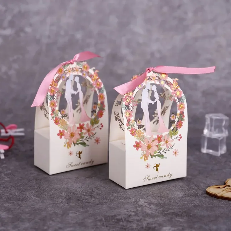 

100/50Pcs Gift Box Packaging Wedding Sweet Candy Bride & Groom Flower Thank You Box for Guest Wedding Dragees Bonbonniere Gifts
