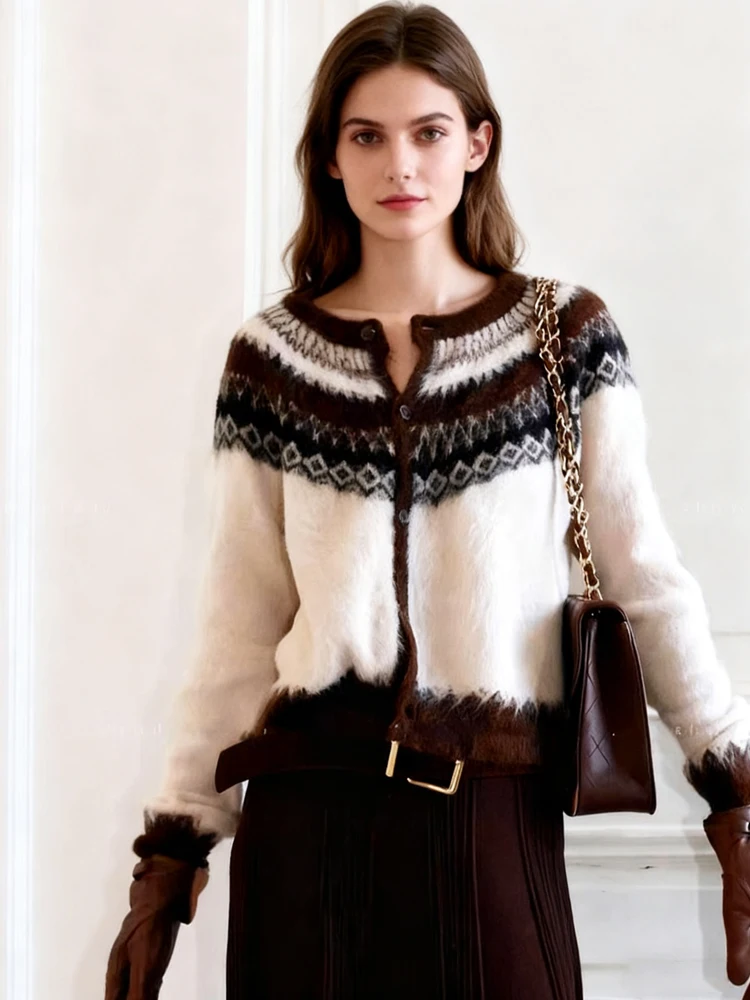 

Elegant Crew Neck Knitted Cardigan Sweater Women Casual Long Sleeve Top Autumn Winter Office Jacket Print Loose Fashion Clothes