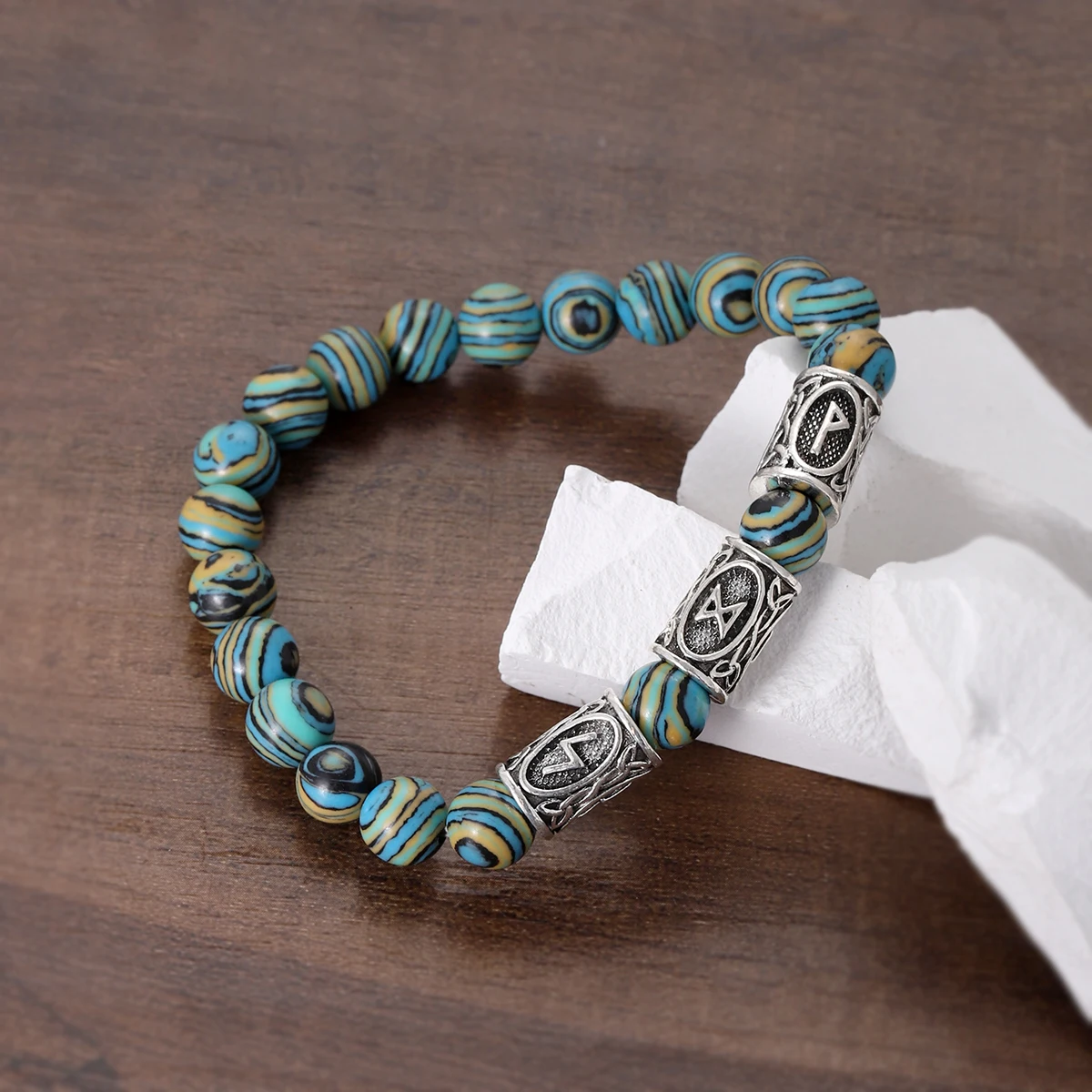 Classic Runes Beads Malachite Stone Stretch Bangles for Women Men Viking Accessories Handmade Ethnic Rune Jewelry Gift
