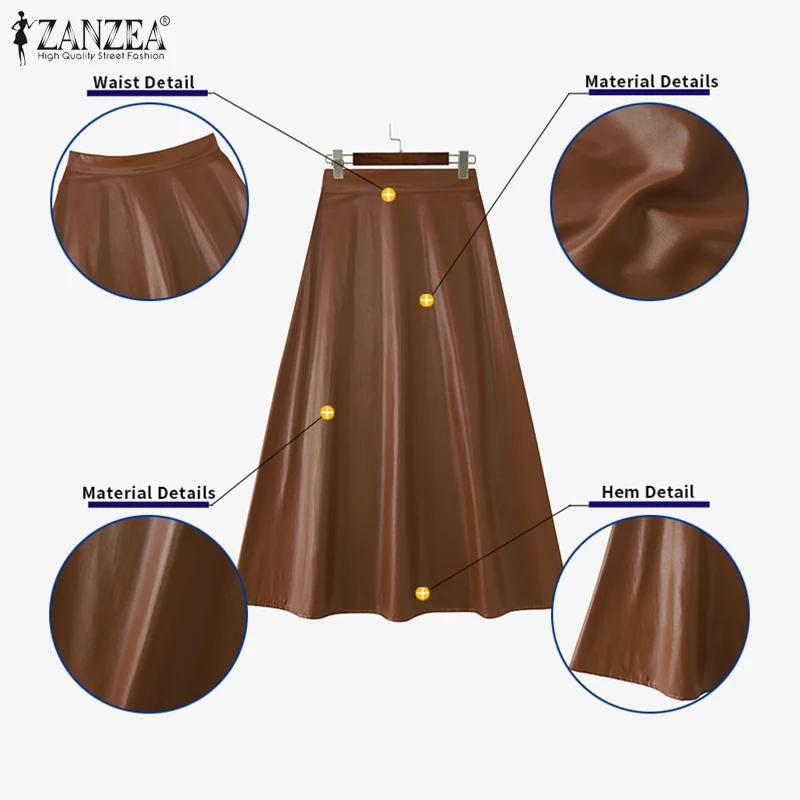 กระโปรงหนัง PU ผู้หญิง ZANZEA ปี 2026 ดีไซน์หรูหรา เอวสูง ซิปยาว แฟชั่นลำลอง สีพื้น ทรงเอ จูปส์ ฟาลดาส ไซอา สไตล์สตรีท