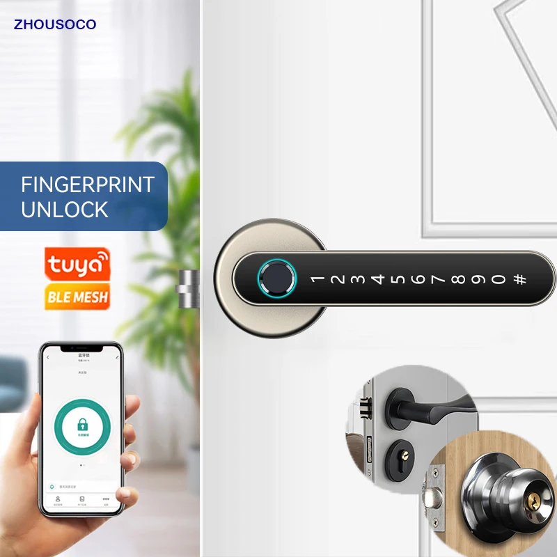 

Tuya Fingerprint Door Lock Bluetooth APP Password Electronic Digital Lock Biometric Door Knobs Handle Keyless Entry Smart Locks