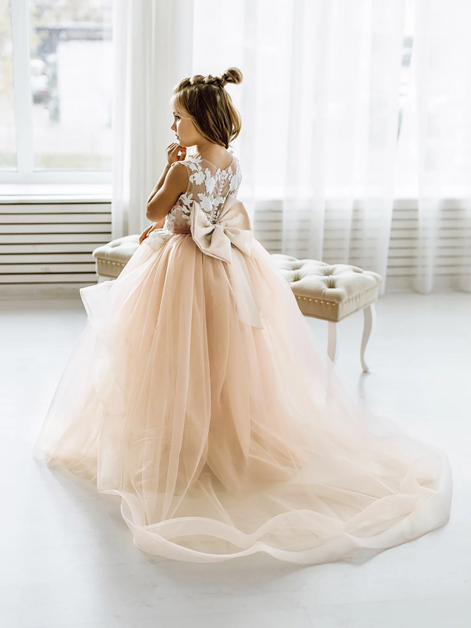 Precioso vestido de baile de encaje Para chico, Vestidos de flores Para niña, pajarita personalizada en la espalda, Vestidos de princesa de tul Para Niñas, vestido de fiesta Para boda