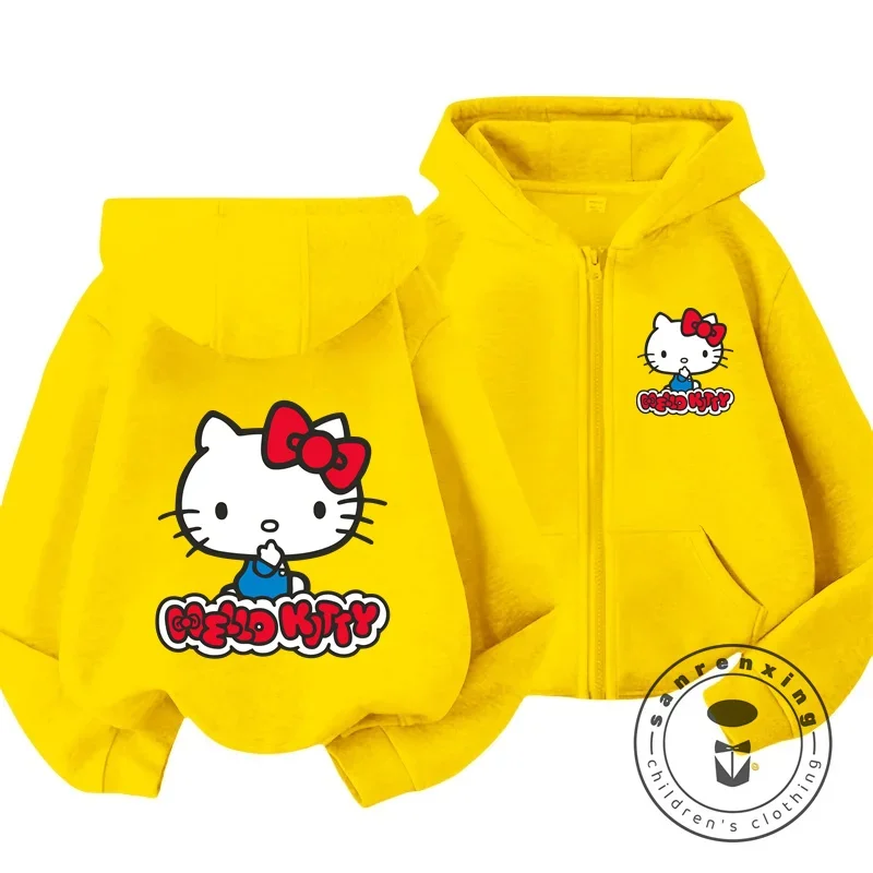 2024 New Fashion Hoodie Hello Kitty Cartoon Anime Boys and Girls Sweatshirt Autumn and Winter Pink Kawaii Cute Soft Zipper Tops