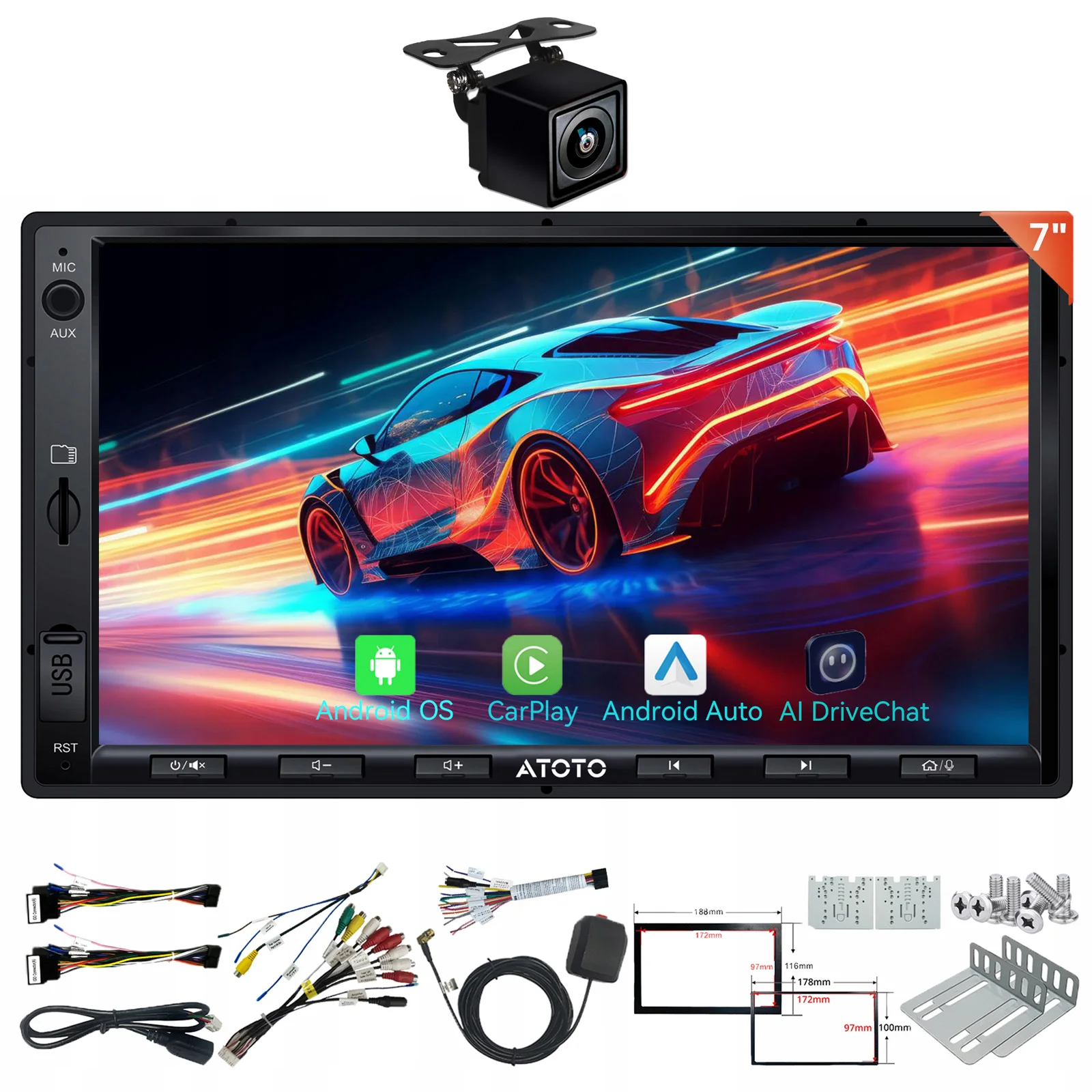 ATOTO Double DIN AI Android Car Radio with Backup Camera, 7