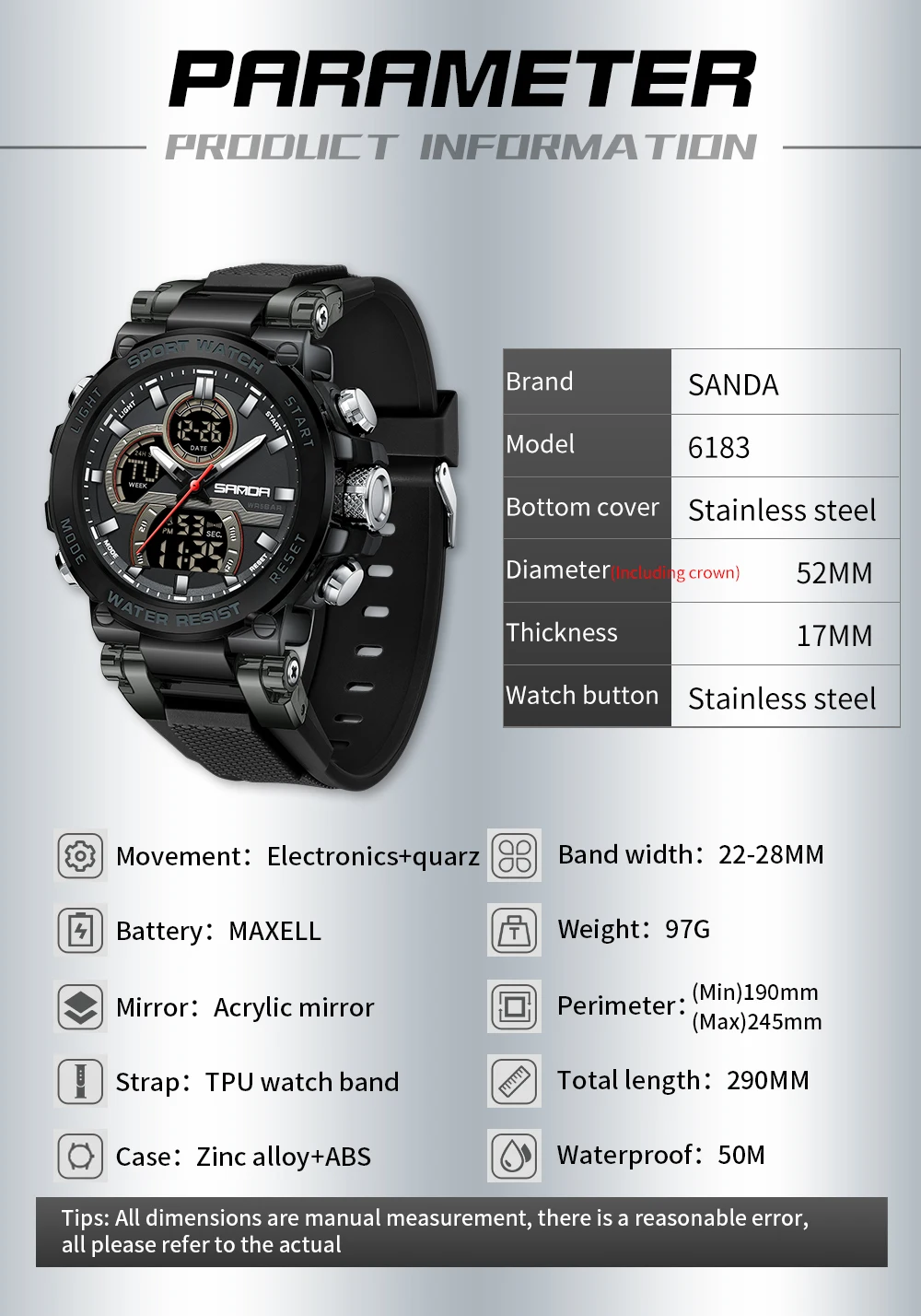 SANDA 6183 Elektronische Herrenuhr, personalisierte coole Uhr, G-Stil, Nachtlicht, Stoppuhr, wasserdichte Multifunktions-Herrenuhr