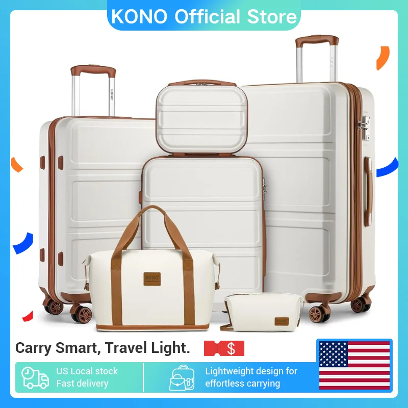

Kono 6-Piece Luggage Set, Lightweight ABS Hard Shell with TSA Lock, 20" 24" 28" Suitcases, Beauty Case, Duffel & Toiletry