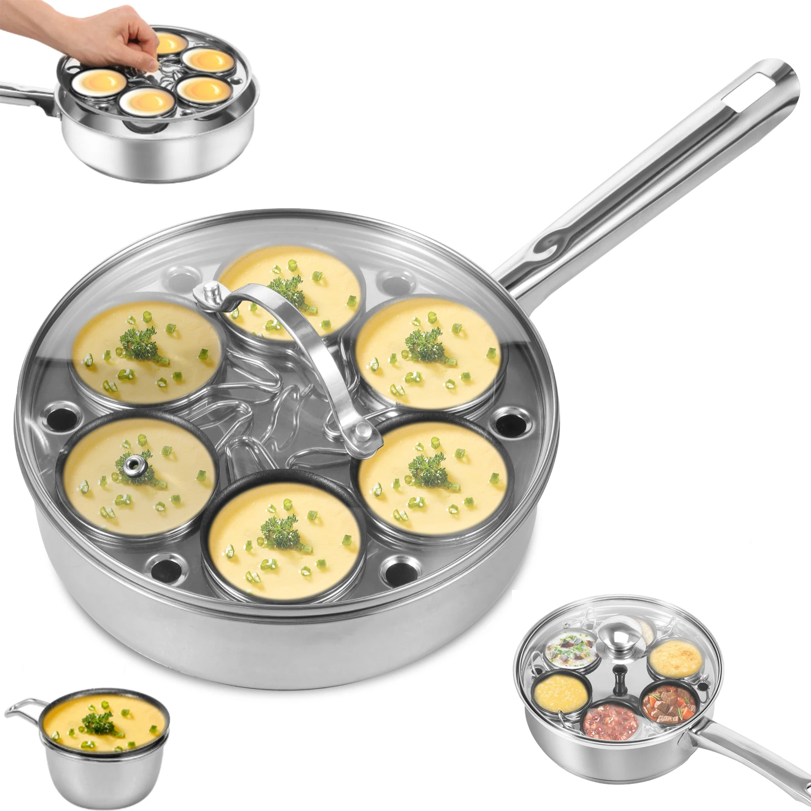 Egg Poacher Pan Stainless Steel Egg Steamer Kitchen Universal Induction Cooktop Egg Steamer Frying Pan for Breakfast Steamed Egg