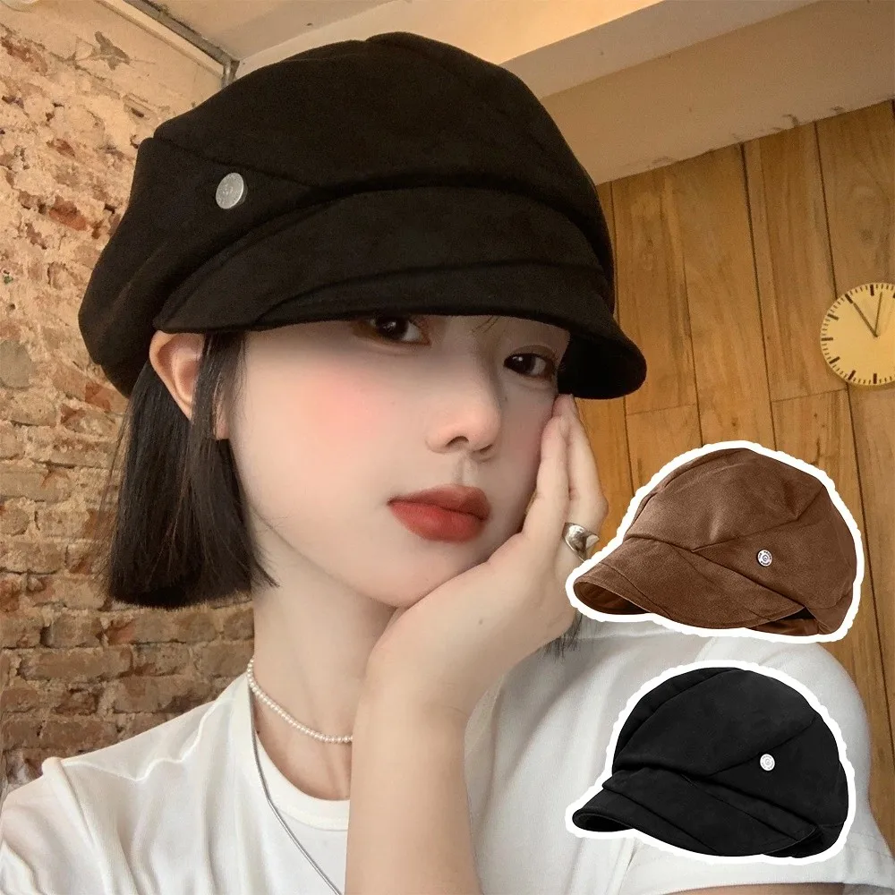

Bla Suede Beret Hat Large Head Circumference Windproof Newsboy Hats Breathable Adjustable Pleated Berets Autumn and Winter