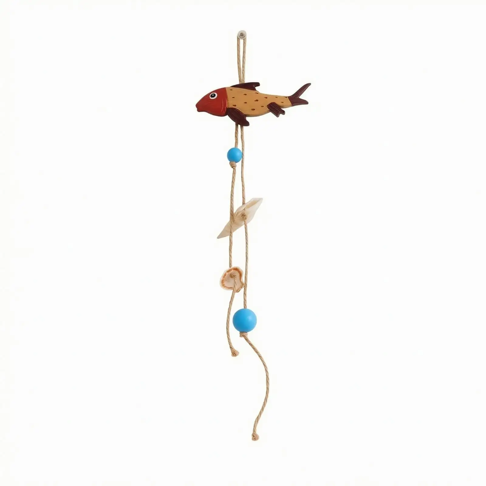 Wood Craft Fish Wall Art Hanging with Rope Loop and Shell Beads for Seaside Theme Entryway Study Decor Accent