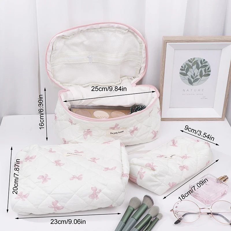 Bolsa de maquillaje a cuadros de algodón Floral acolchado para mujer, bolsa de cosméticos de gran capacidad, bolsa organizadora de artículos de tocador de viaje con cremallera femenina