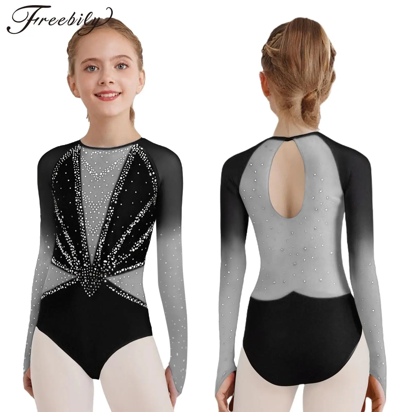 Dziewczęcy strój gimnastyczny z długim rękawem, przezroczysta siateczka, błyszczące cyrkonie, do łyżwiarstwa figurowego, baletu, akrobatyki, występów.