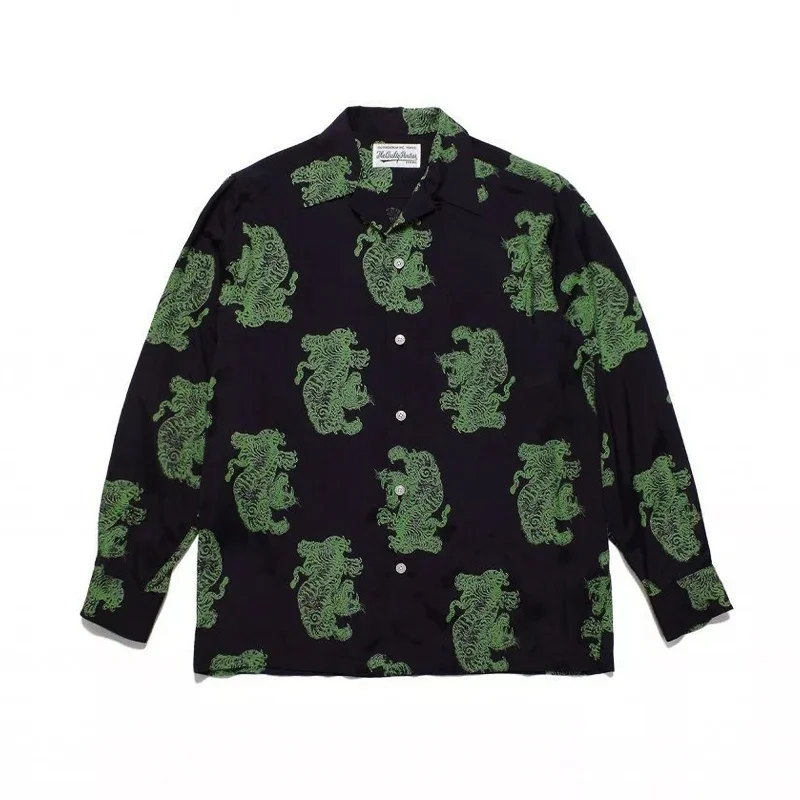 Black Autumn Winter WACKO MARIA Full Print Cloud Tiger Hawaiian Long Sleeve Shirt New Hip Hop Casual Hawaiian Shirt