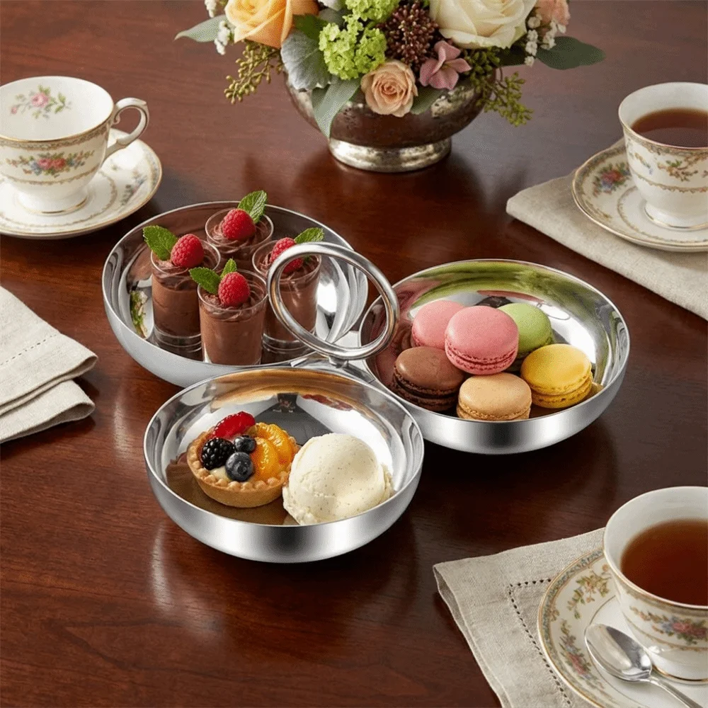 Thick Stainless Steel Serving Bowl Multipurpose Round 3 Section Serving Bowl Ice Cream Bowl with Handle Dessert Plates Bar