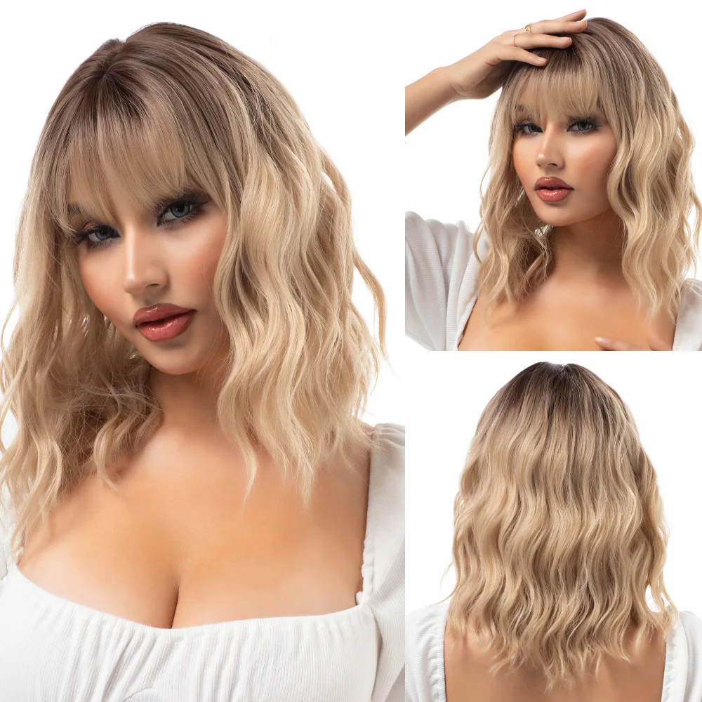 

14 long wavy curly blonde wig with bangs and black root synthetic wig