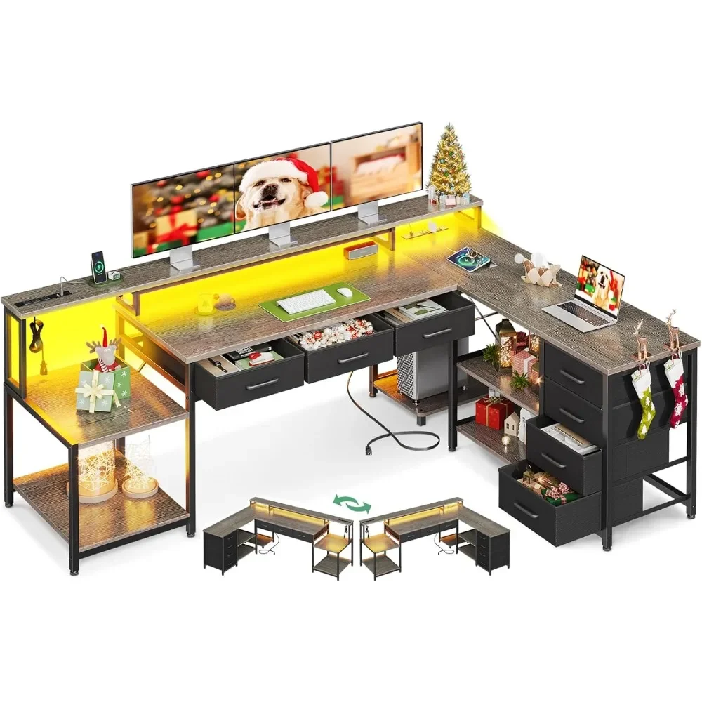مكتب على شكل حرف L مقاس 79 بوصة، مكتب كمبيوتر على شكل حرف L مع مخرجين طاقة ورف شاشة، مكتب منزلي مع أرفف تخزين