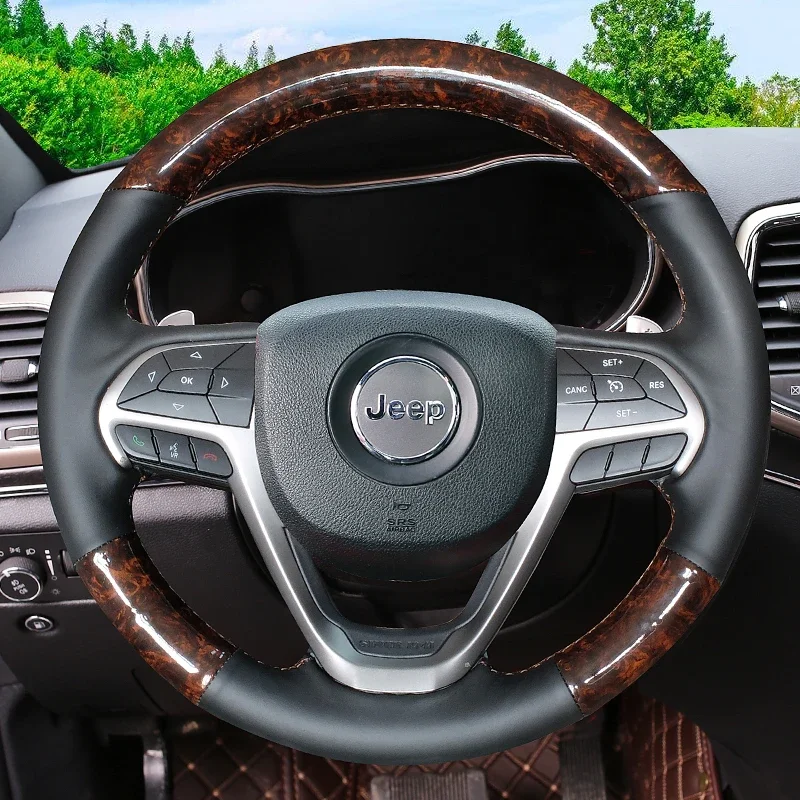 

For Grand Cherokee 2014-2020 Jeep Cherokee accessories Hand Stitched Peach wood grain Genuine Leather Car Steering Wheel Cover