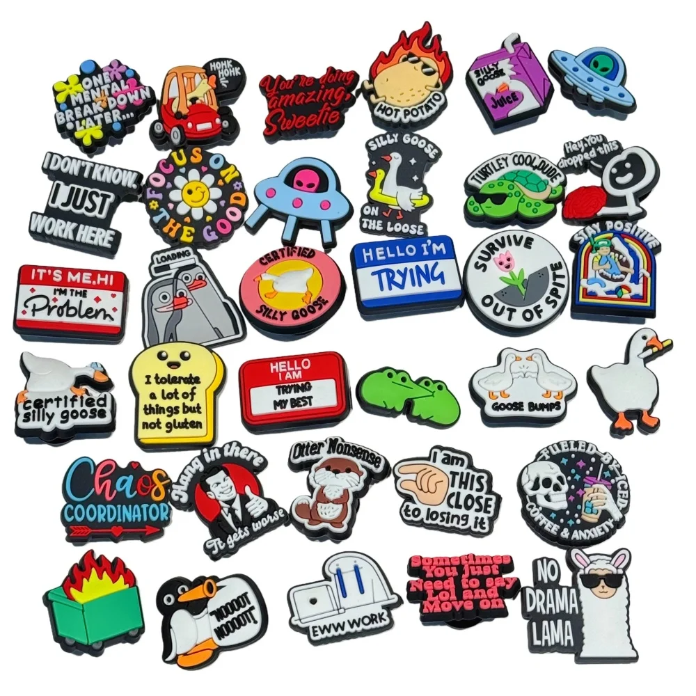 34-100Pcs Goose Stay Positive PVC Sandal Buckle Charms Hot Potato Mix Styles Garden Shoe Accessories DIY Backpack