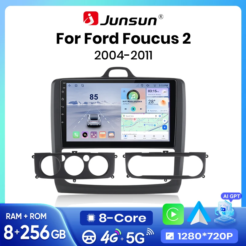 Autoradio Junsun sans fil CarPlay Android Auto pour Ford Focus 2 2004-2011 2 DIN, système multimédia intelligent avec ventilateur de refroidissement intégré, écran tactile, lecteur vidéo, autoradio, navigation, Bluetooth, GPS, 4G, WIFI, RDS, FM, SWC, DSP