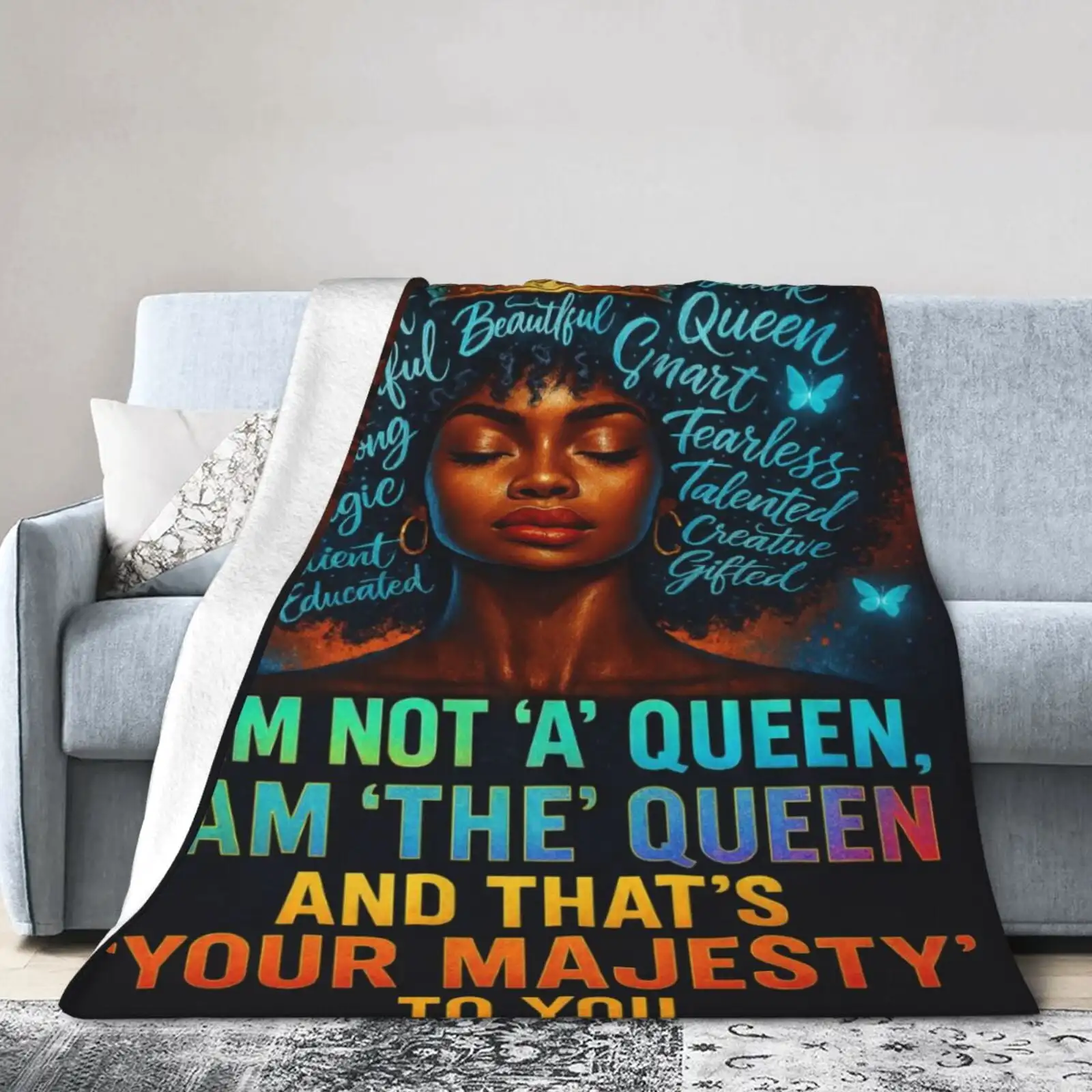 African American Black Girl Lady Blanket I AM The Queen Print Gifts for Women Kids Girls Female Friends Home Bedroom