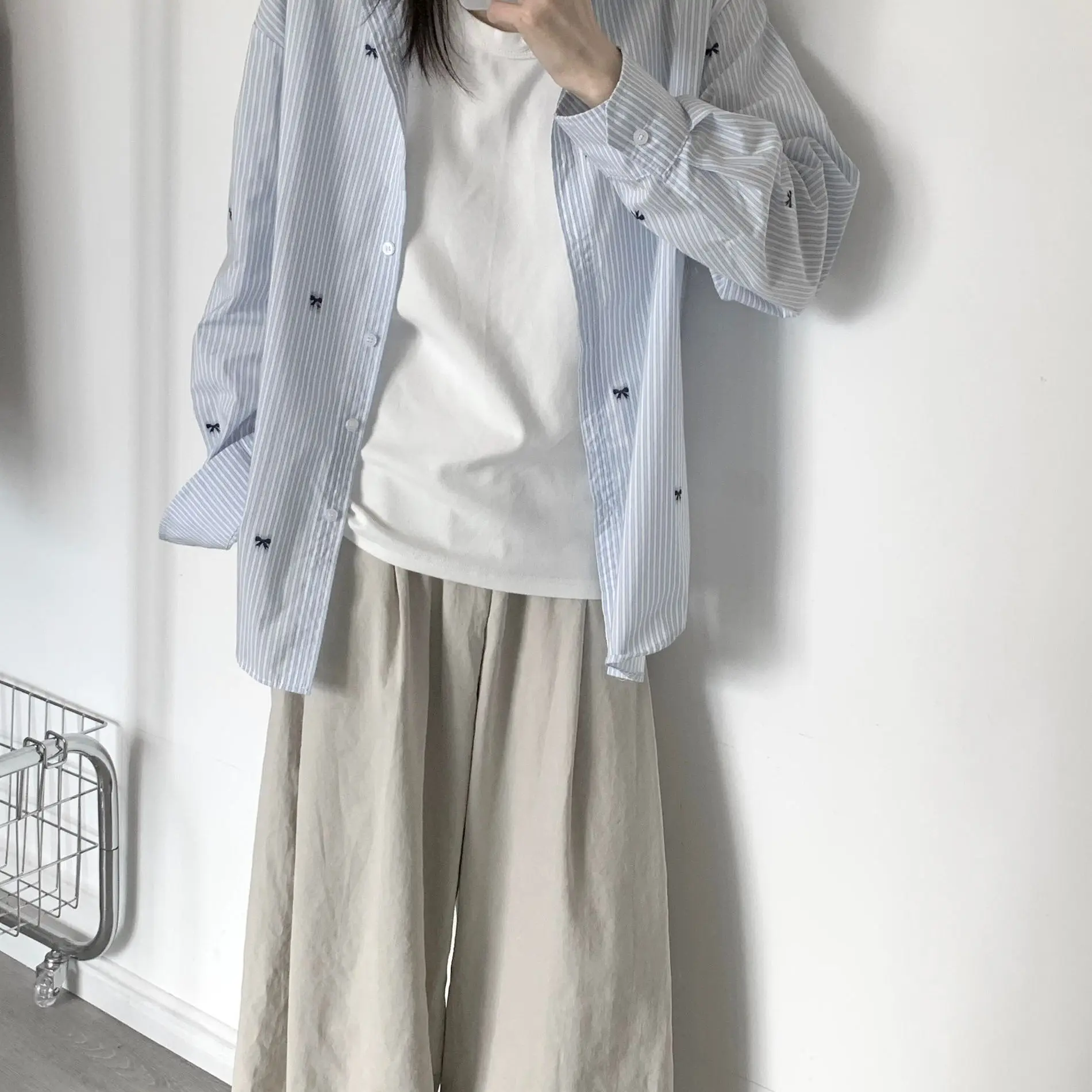 

Blue Striped Lightweight Summer Shirt for Women Casual Long Sleeve Sun Protection Embroidered Open Cardigan Loose Fit Top
