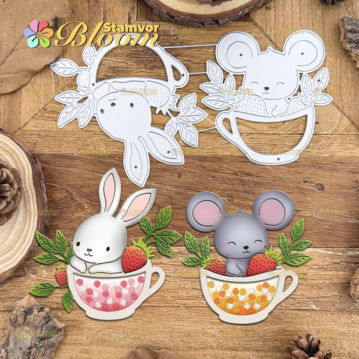 Original Lovely Animals Mouse Bunny Strawberry Cups Shaker Cards Metall-Stanzformen für Scrapbooking, dekorative Prägung