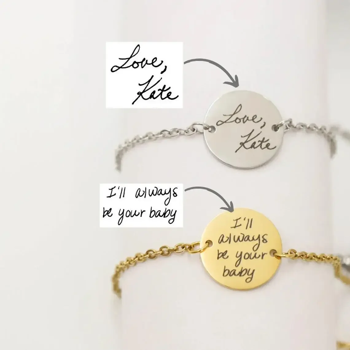 

Custom Your Handwriting Engrave Disc Bracelet Signature Personalized Round Coin Pendant Children's Drawing Memorial Gift