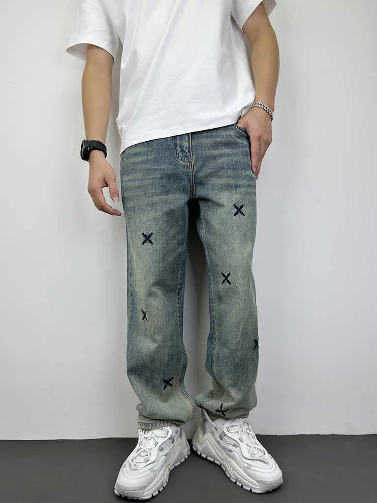 

Retro Loose Fit Straight Leg Men's Jeans Embroidered Wide Leg Casual High Street Waed Long Trousers Versatile Autumn Jeans