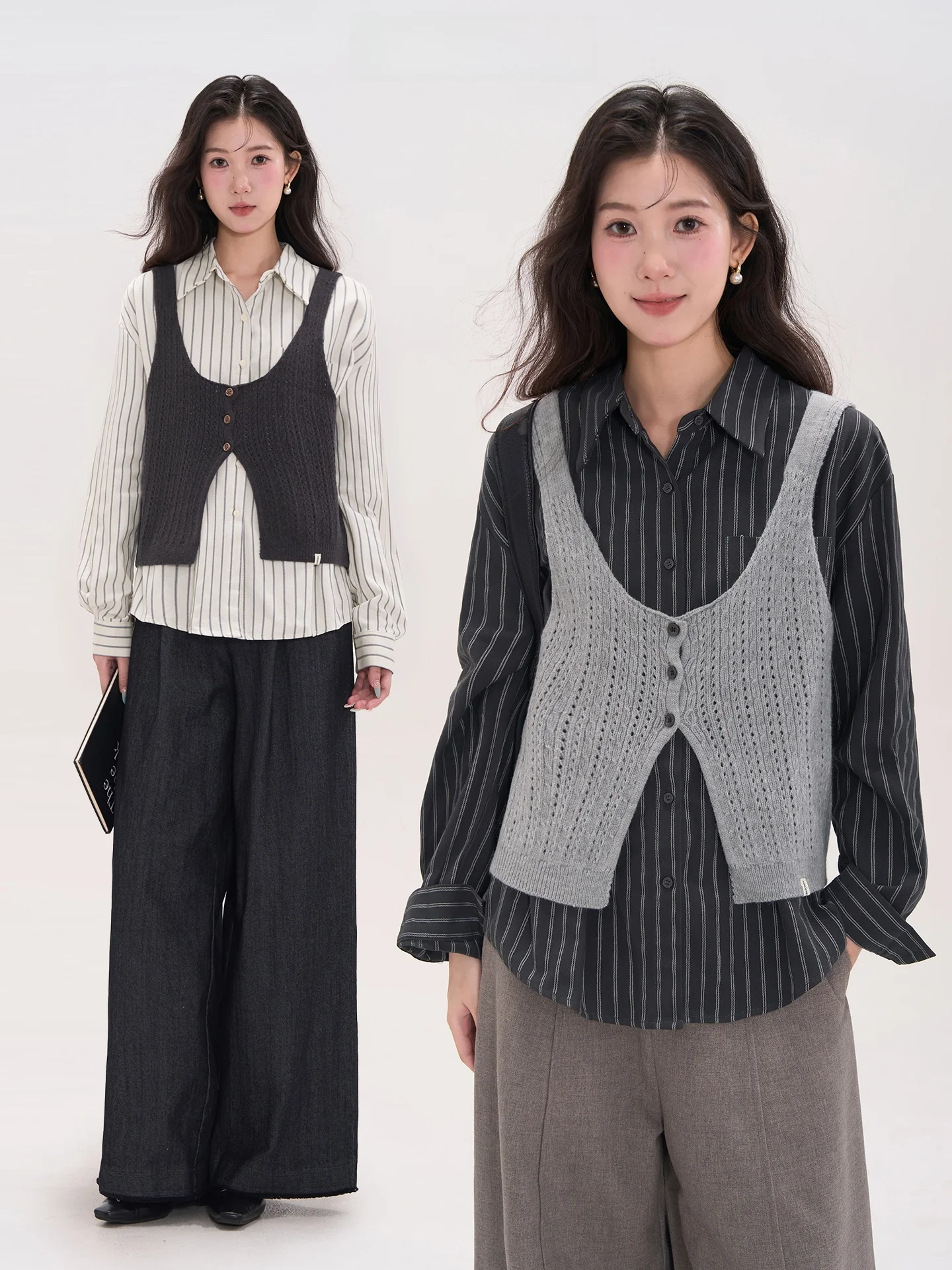 

Комплект из двух предметов: хлопковый трикотажный жилет и полосатый топ с длинными рукавами на пуговицах от Heme