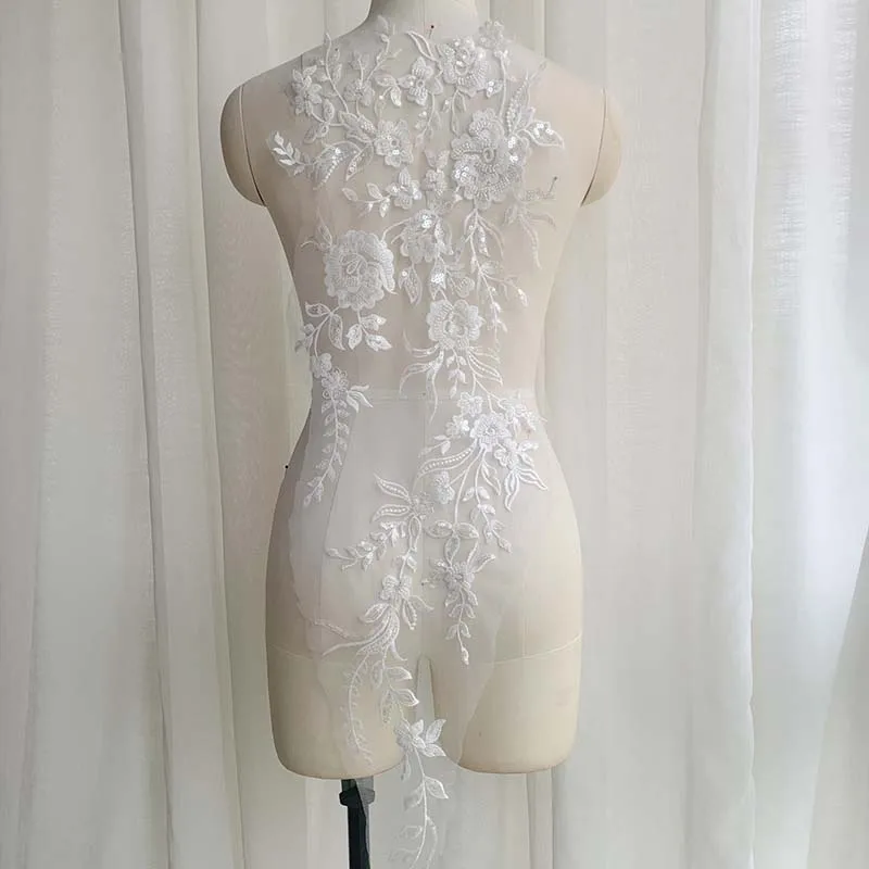 4Pieces Sequins Beaded Lace Large Matching Flowers DIY High - End Wedding Veil Train Embroidered Patches