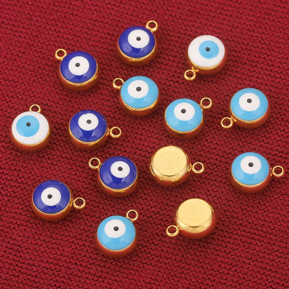 10pcs 5 6 8mm Stainless Steel Round Enamel Sky Blue White Evil Eye Charms for Jewelry Making Findings Earring Bracelet Wholesale