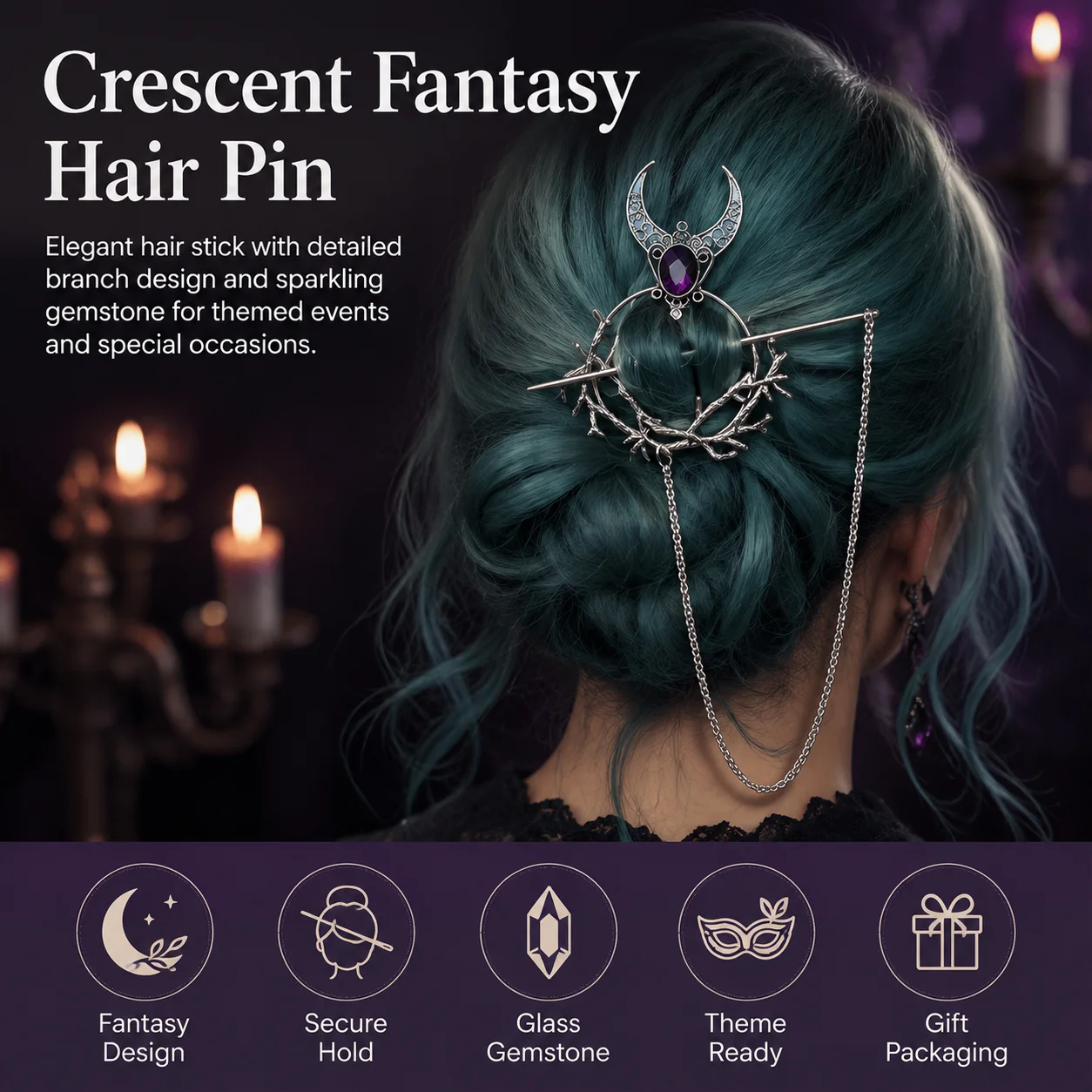 Alloy Round Hair Stick for Halloween Cosplay Women Ponytail Holder Vintage Moon Shaped Tassel Hairpin Retro Hair Accessories