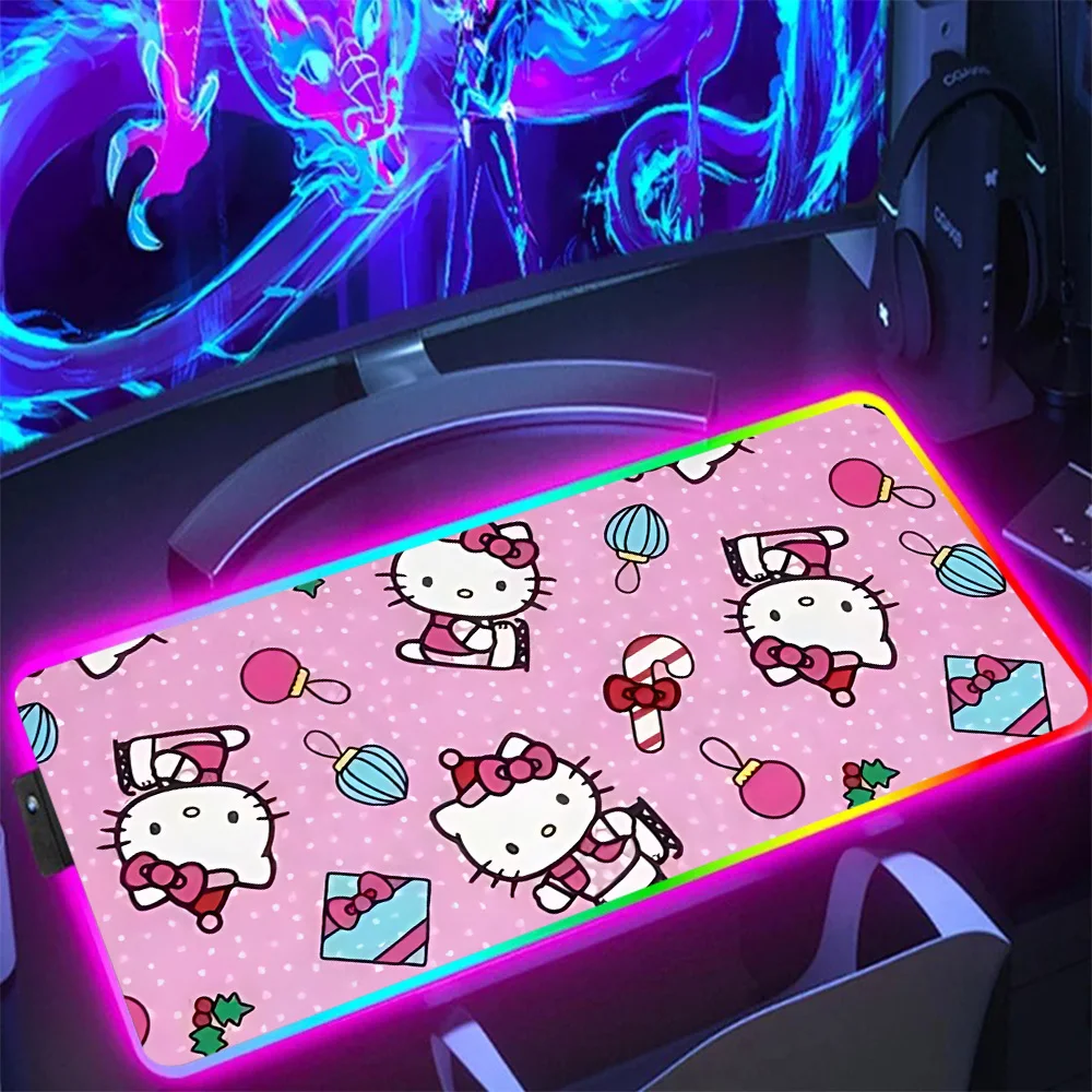 Hot Sanrios Hellokitty Christmas RGB Pc Gamer Keyboard Mouse Pad Mousepad LED Glowing Mouse Mats Rubber Gaming Computer Mausepad
