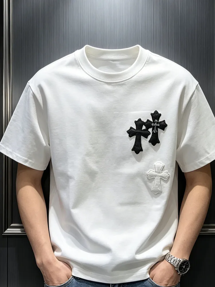 Trendy Cross Stitched Short Sleeve T-Shirt Men's Summer round Neck Loose Fit Versatile Top Breathable Non-iron Polyester Fiber
