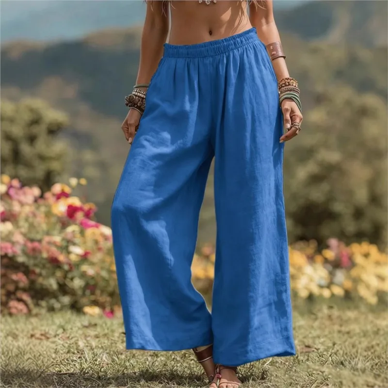 New Commuter High-waisted Trousers Womens Daily Outdoor Versatile Elastic Waist Side Pocket Summer Comfortable Wide-leg Trousers